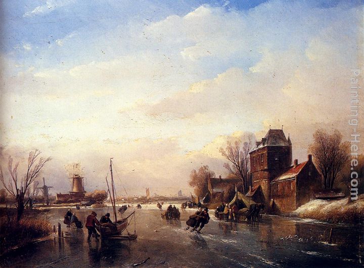 Skaters on a Frozen River painting - Jan Jacob Coenraad Spohler Skaters on a Frozen River art painting